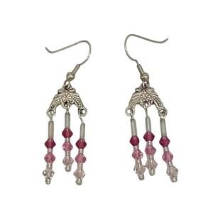 Chandelier Earrings Pink Clear Crystals Silver Tone Fishhook Ear Wires Handmade